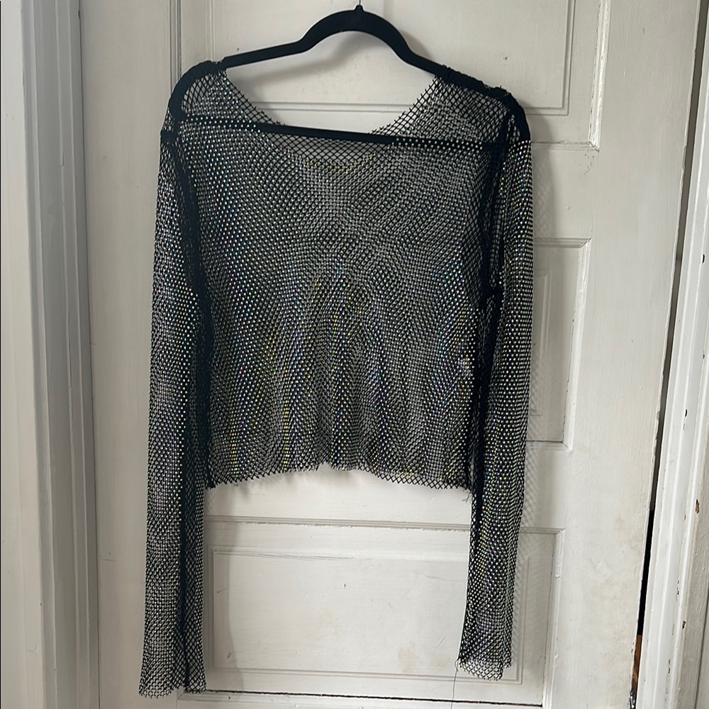 Black Sparkly Mesh Long Sleeve Top